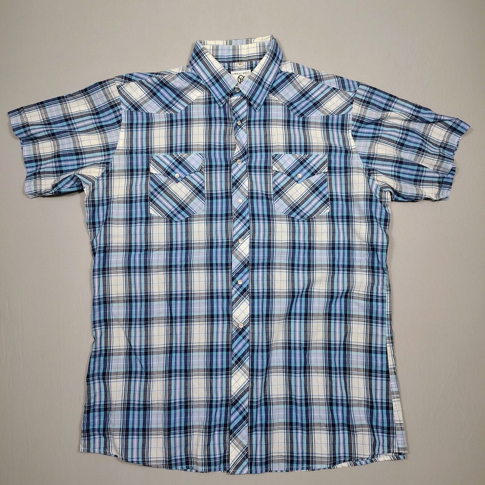 Corral West Ranchwear Shirt Men XL Blue Plaid Pearl Snap Western Poly Cotton